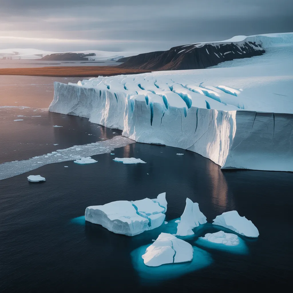 Melting glaciers in Greenland and Antarctica, showing the irreversible tipping points of climate change and rising ocean levels.