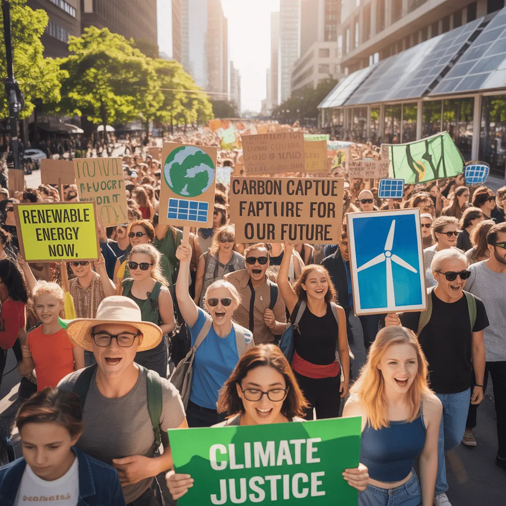 Is Climate Change Getting Better? Progress vs. Reality Explained 3 People taking action against climate change, holding signs promoting renewable energy, carbon capture, and climate justice, marching for a sustainable future.
