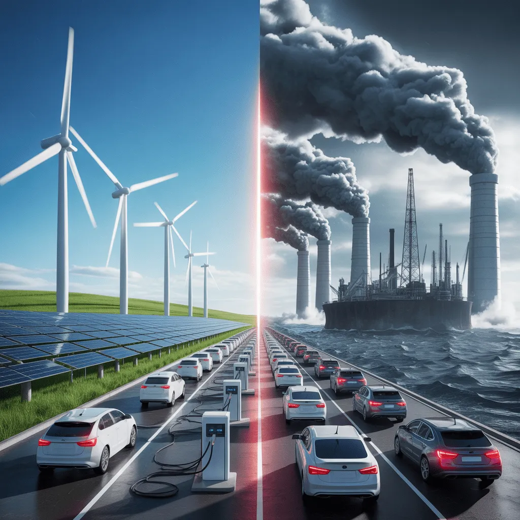 Is Climate Change Getting Better? Progress vs. Reality Explained 2 A contrast between renewable energy growth (solar panels, wind turbines, electric cars) and the continued reliance on fossil fuels (coal plants, oil rigs, gas-powered cars)