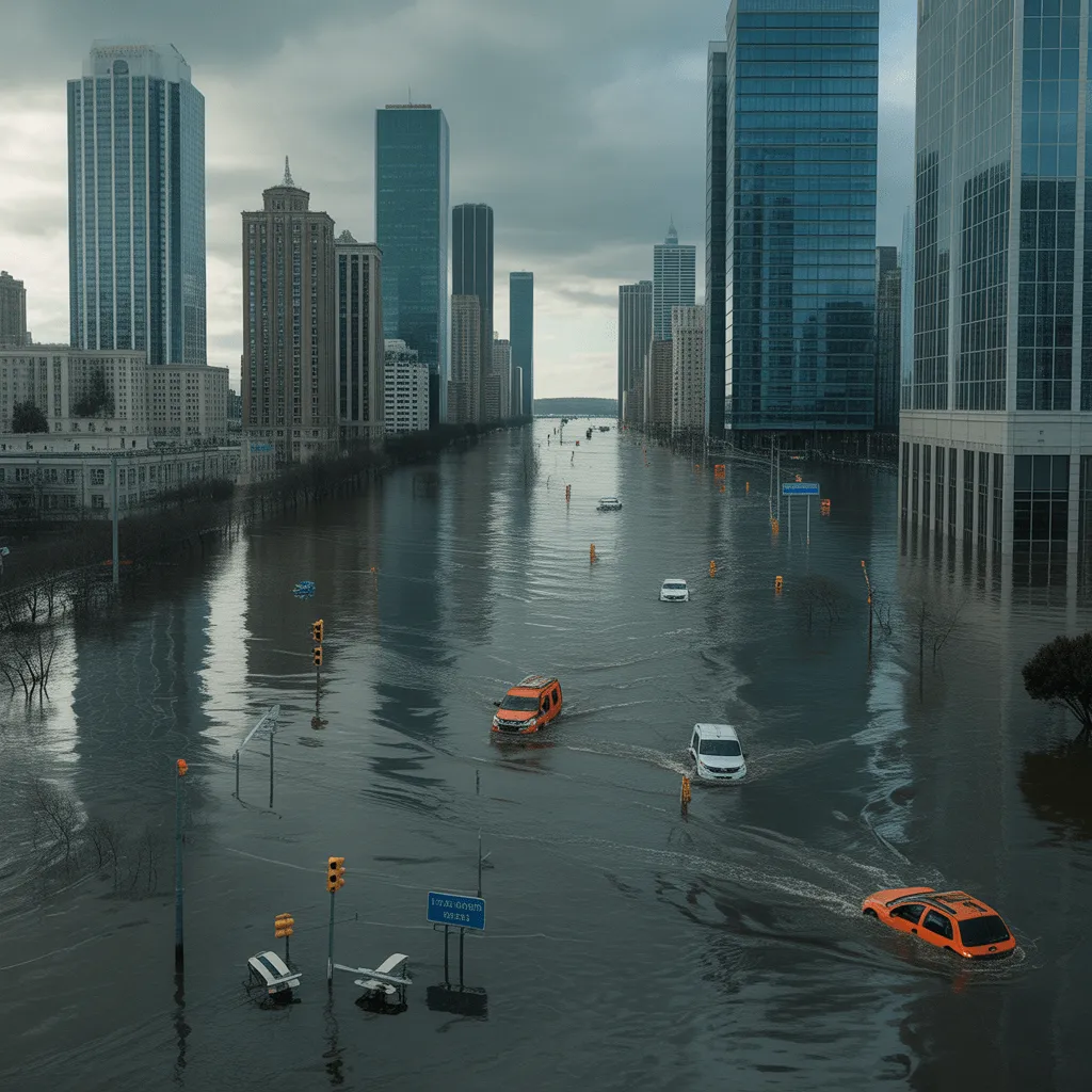 Flooded coastal city streets caused by rising sea levels, illustrating the immediate dangers of climate change on urban areas.