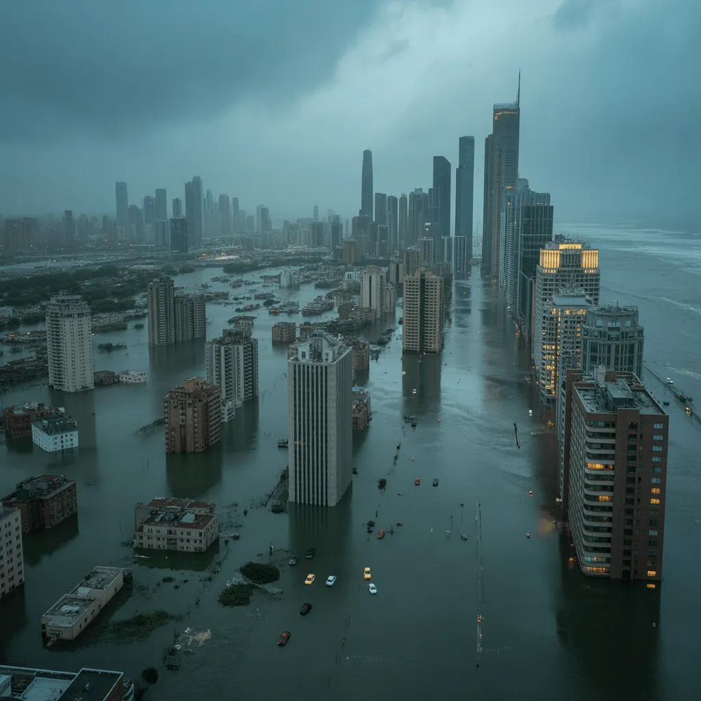 An alarming visual showing coastal cities submerged by rising sea levels, with buildings overtaken by water due to the effects of climate change.