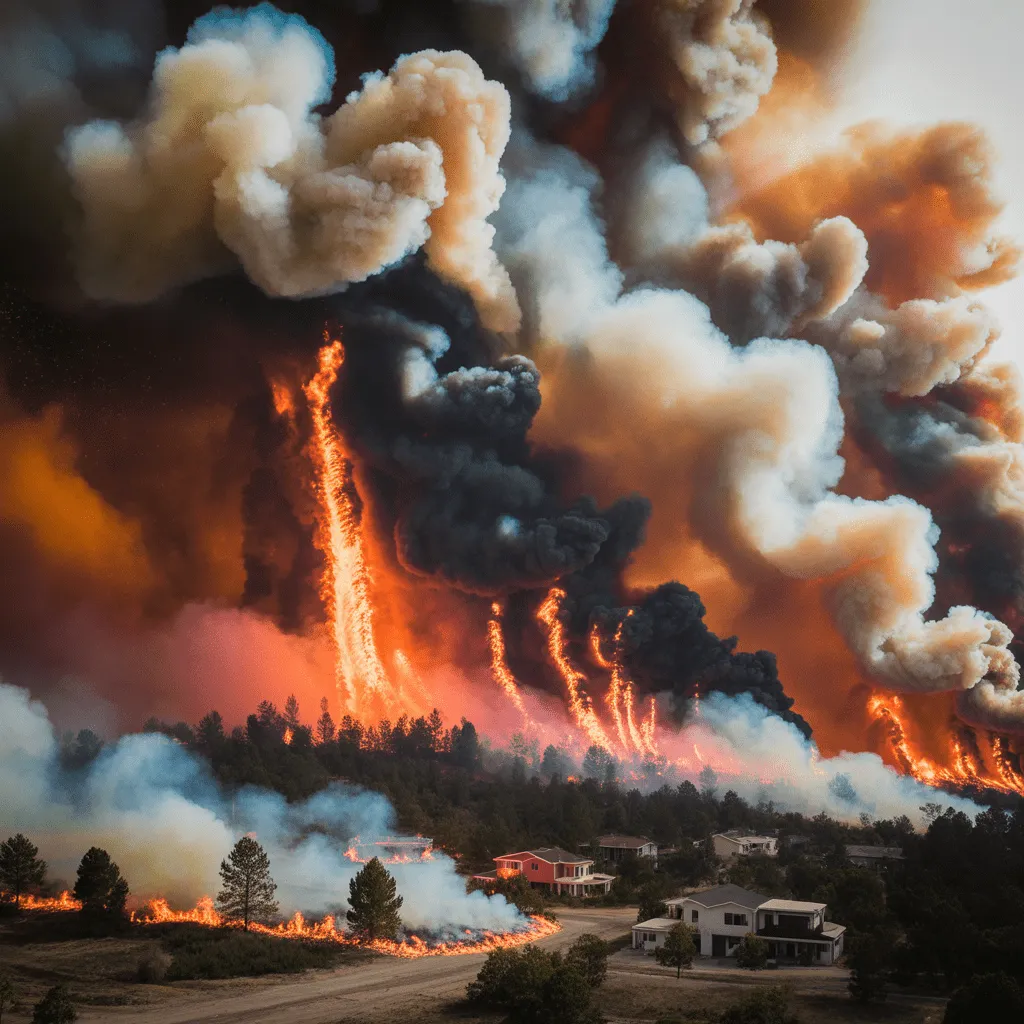 Wildfire destroying forests and homes, symbolizing the deadly effects of climate change on the environment and human lives