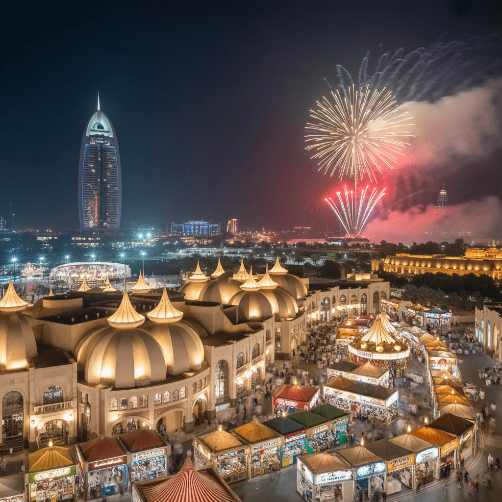 A live cultural performance at Global Village Dubai, with a family watching traditional music and dance from different countries, Global Village Dubai 2025-2026