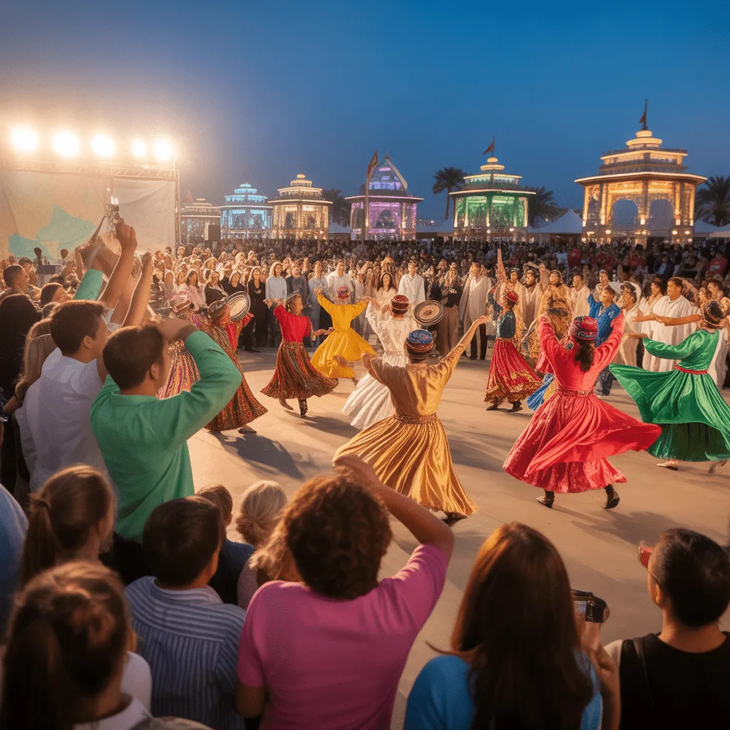 Bustling Fiesta Street at Global Village Dubai, with food vendors offering international cuisine and families enjoying meals, Global Village Dubai 2025-2026