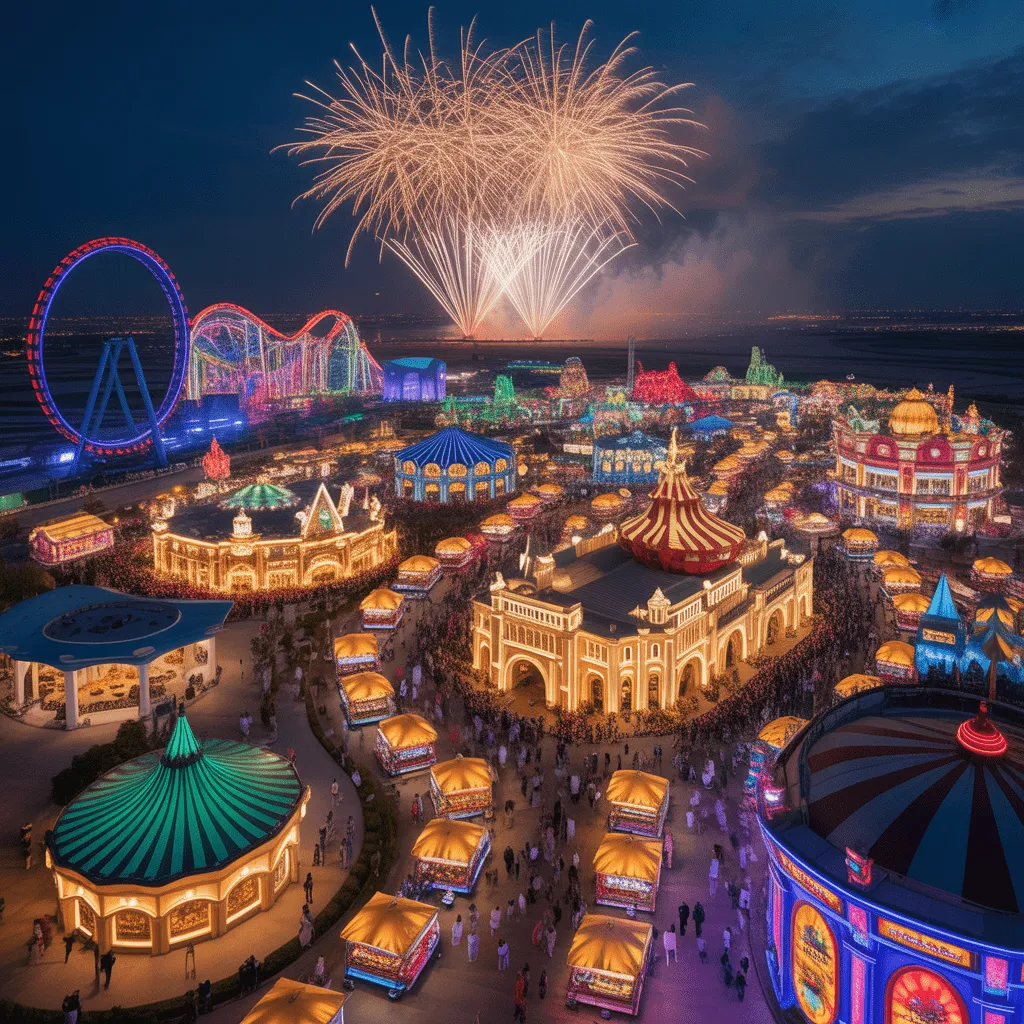 Aerial night view of Global Village Dubai, showcasing vibrant pavilions, carnival rides, and fireworks in the sky. Global Village Dubai 2025-2026, Global Village Dubai 2025-2026