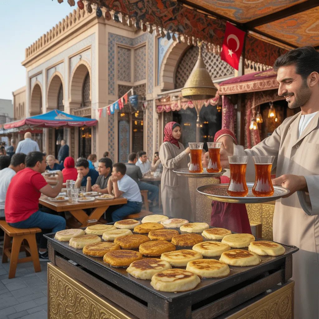 Visitors enjoying Turkish cheese and potato Pattaya at the Turkish Pavilion in Global Village Dubai with cultural decorations, Global Village Dubai 2025-2026