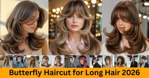 Retro butterfly haircut for long hair featuring voluminous vintage layers and soft face-framing curtain bangs.