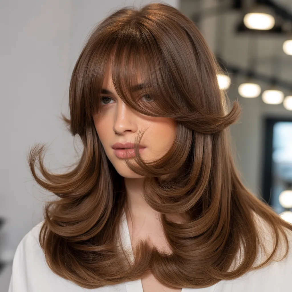 Butterfly Haircut for Long Hair 2026:Best Flattering Look 16 Long butterfly haircut with curtain bangs and voluminous face-framing layers.