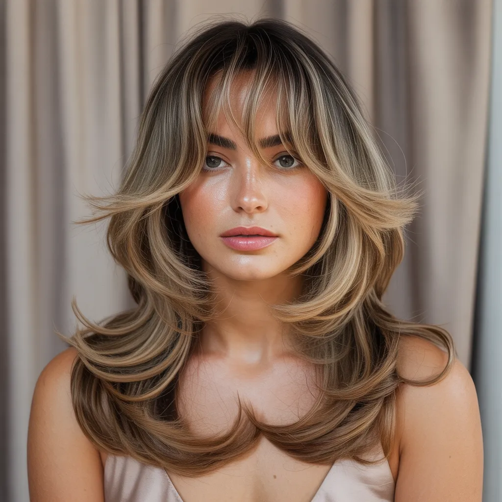 Butterfly Haircut for Long Hair 2026:Best Flattering Look 17 Woman with long layered butterfly haircut featuring soft feathered layers and voluminous face-framing curtain bangs.