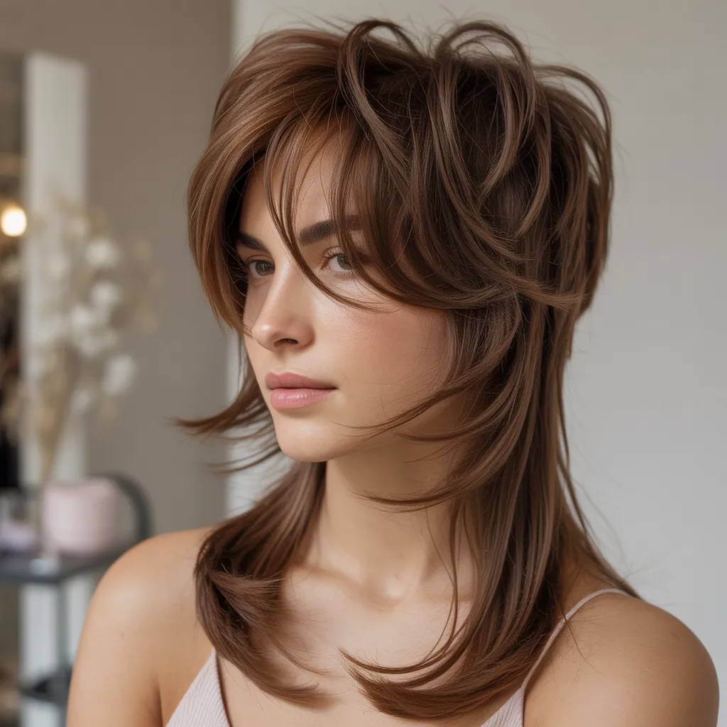 Butterfly Haircut for Long Hair 2026:Best Flattering Look 13 Woman with pixie butterfly haircut featuring short textured crown layers, wispy bangs, and long flowing layered hair.