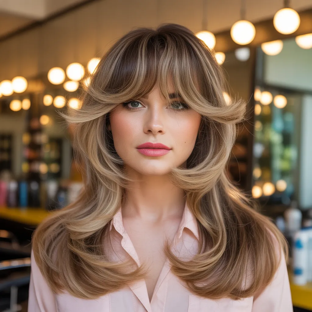 Butterfly Haircut for Long Hair 2026:Best Flattering Look 14 Retro butterfly haircut for long hair featuring voluminous vintage layers and soft face-framing curtain bangs.