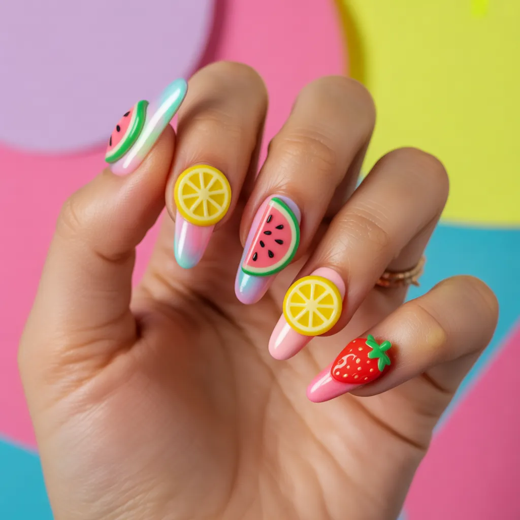 Summer Nails Inspo: 2026's Hottest Trends, Colors & Designs for Your Ultimate Sun-Kissed Manicure 9 Playful 3D fruit charm summer nails with lemon, watermelon, and strawberry accents on milky chrome base