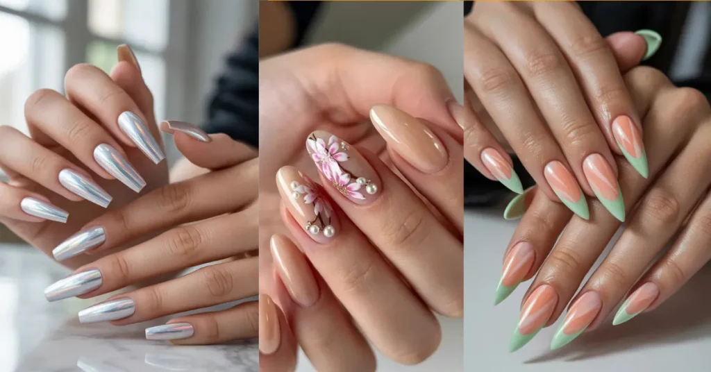 The feature image of Best Acrylic Nails 2026 Best acrylic nails 2026 featuring holographic chrome coffin nails on elegant hands with marble background