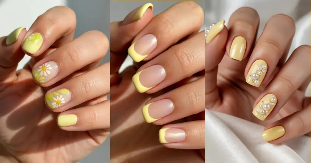 The freature image of butter yellow nail designs Elegant 3D pearl butter yellow nails with pearl gem accents and dimensional design