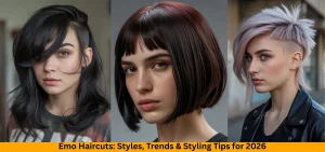 Emo Haircuts Styles Young woman with classic side-swept emo haircut featuring long black layers and eye-covering bangs