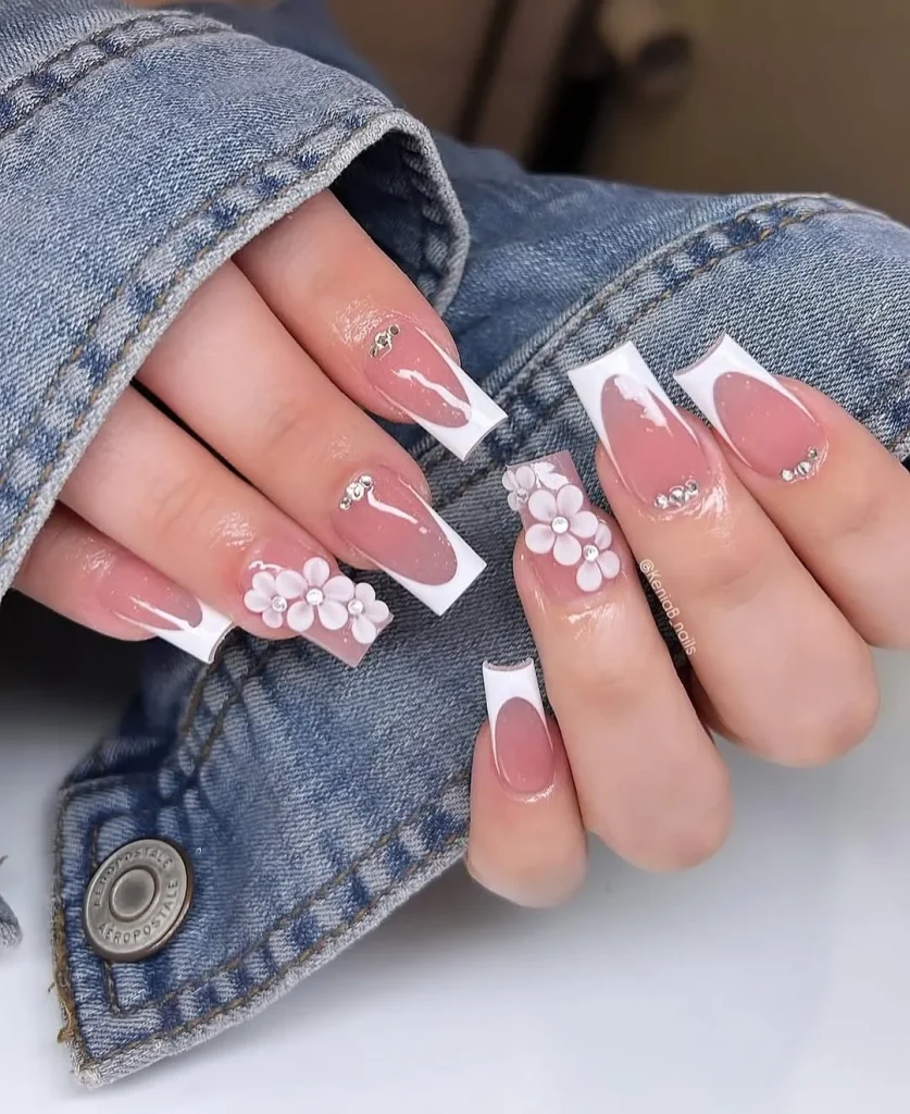 Coffin nails with 3D chrome silver flowers with holographic edges on black base