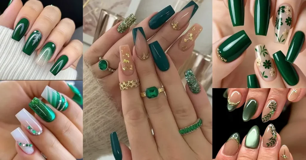 Green Nail Designs: 2026 Sage & Emerald Trends 1 The feature image of Green Nail Designs Emerald green glitter nails Elphaba inspired, rich jewel toned green with holographic shimmer, Wicked Broadway witch aesthetic manicure