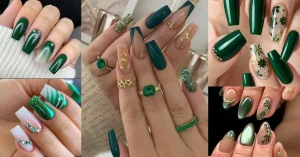The feature image of Green Nail Designs Emerald green glitter nails Elphaba inspired, rich jewel toned green with holographic shimmer, Wicked Broadway witch aesthetic manicure