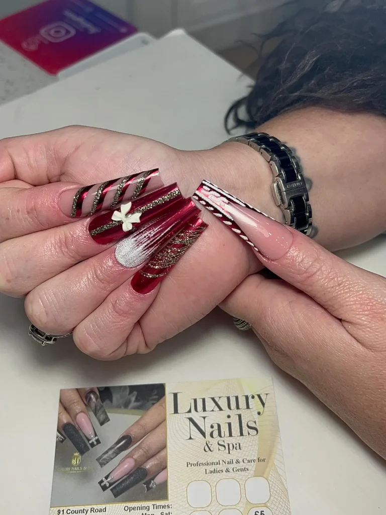 Long stiletto nails with large 3D deep red roses with black shading on nude base