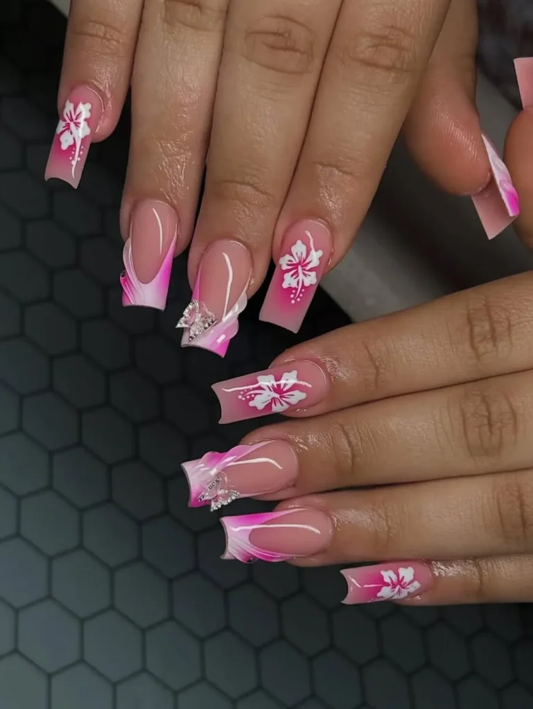  Short square jelly pink nails with 3D translucent flowers in various candy colors embedded in gel
