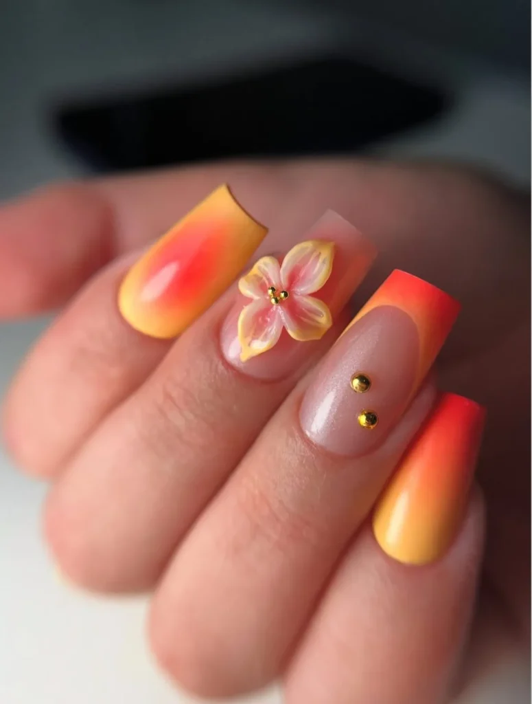 Long almond nails with purple-to-pink aura gradient background and 3D white cherry blossoms floating on top