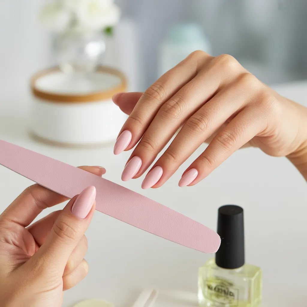 Tutorial showing how to achieve the perfect almond nail shape for spring 2026, the season's most popular nail trend