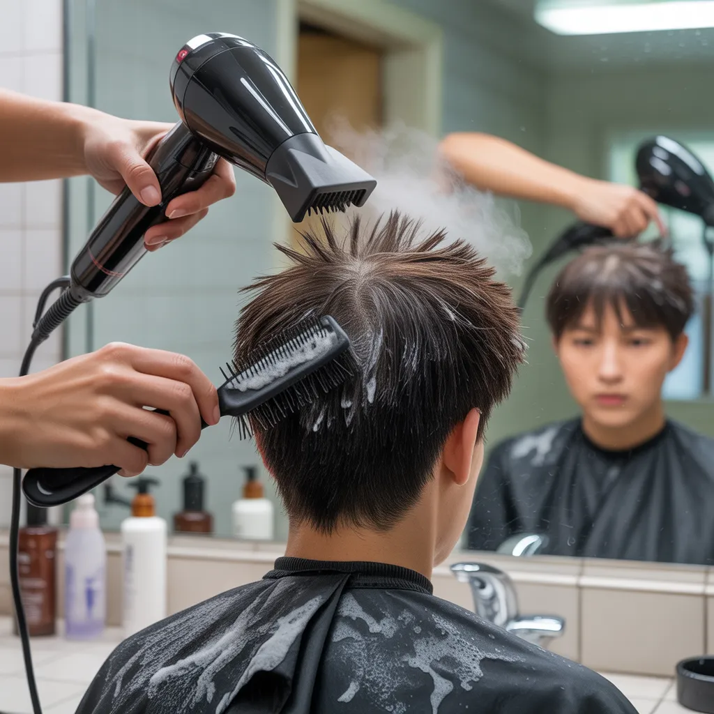 Step-by-step styling process for alpaca haircut using hairdryer and products