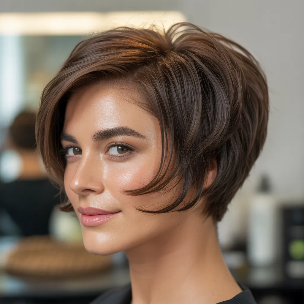 Asymmetrical pixie bob haircut with one side longer creating a bold and modern hairstyle.