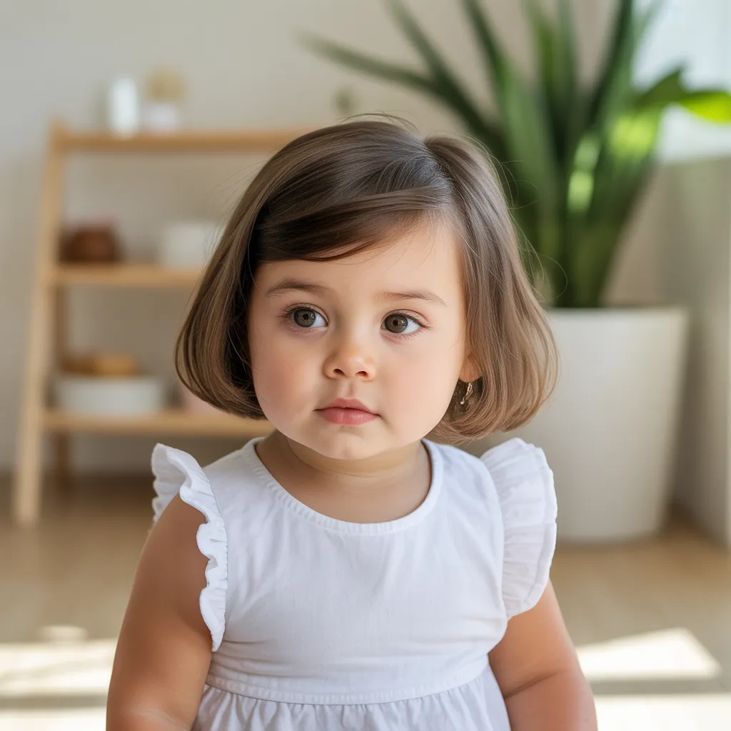Toddler with medium length blended bob haircut.