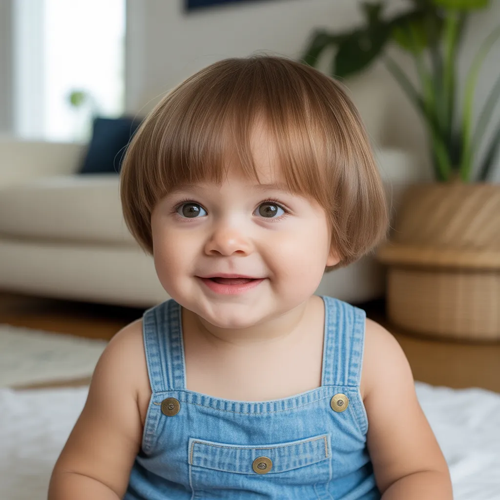 Cute toddler with classic baby bowl haircut.