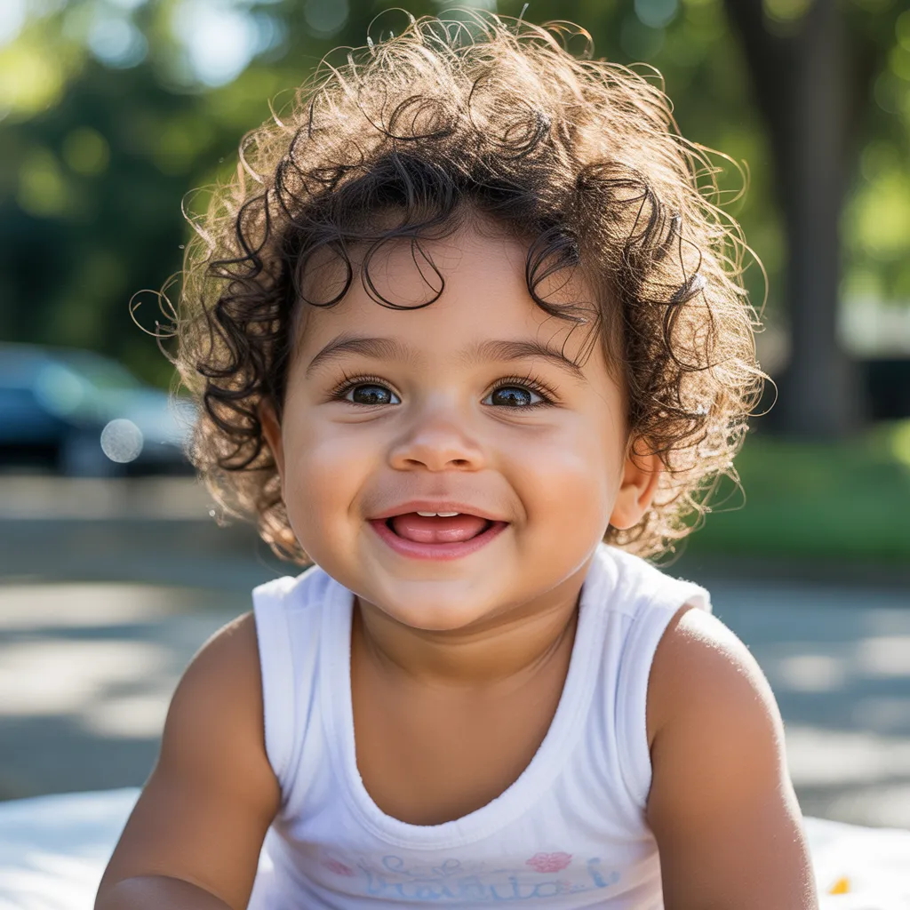 Baby with natural curly haircut and soft curls.