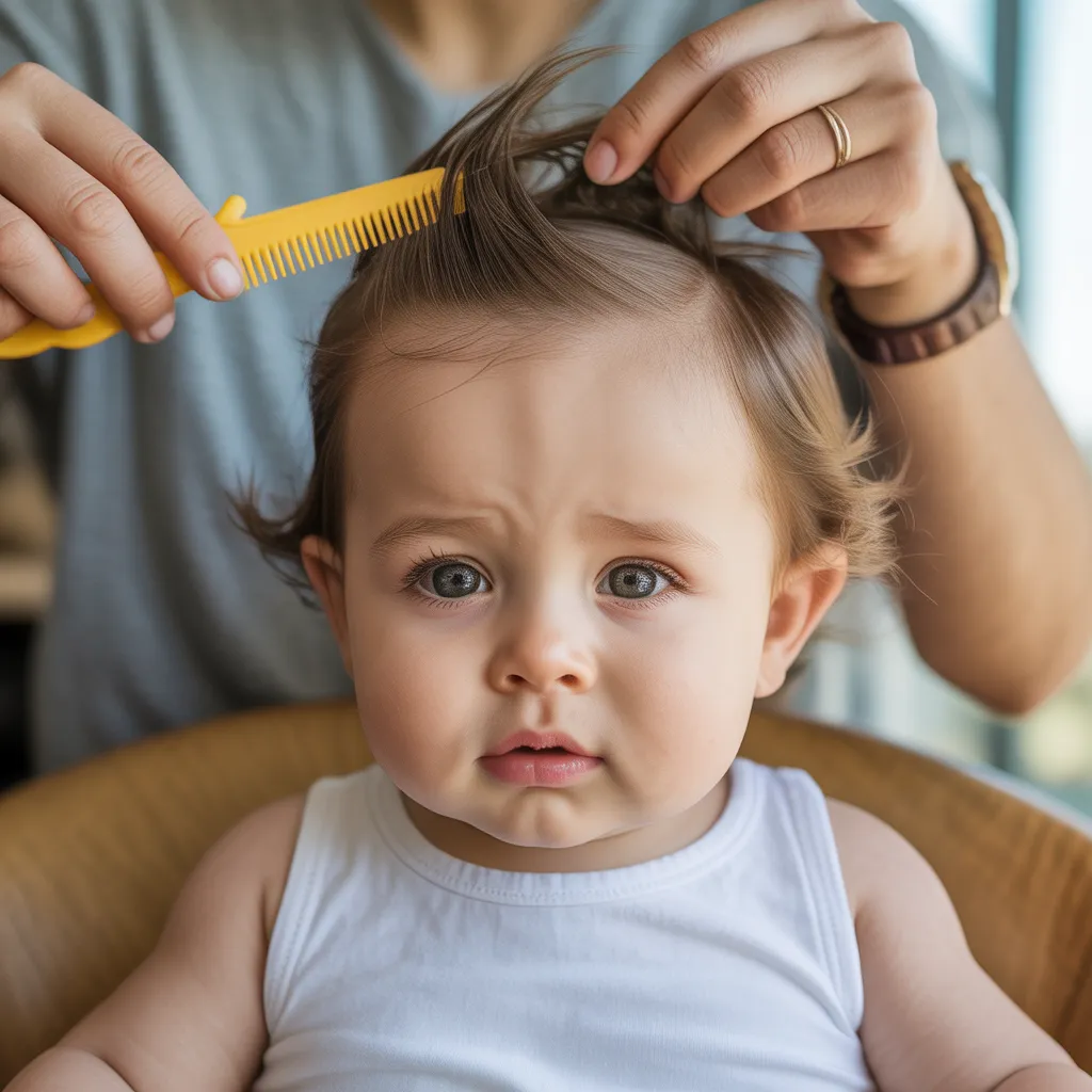 Adorable baby getting first haircut while sitting on parent's lap in a salon.