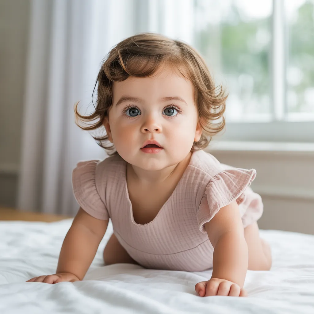 Baby girl with soft layered haircut and natural wavy hair.