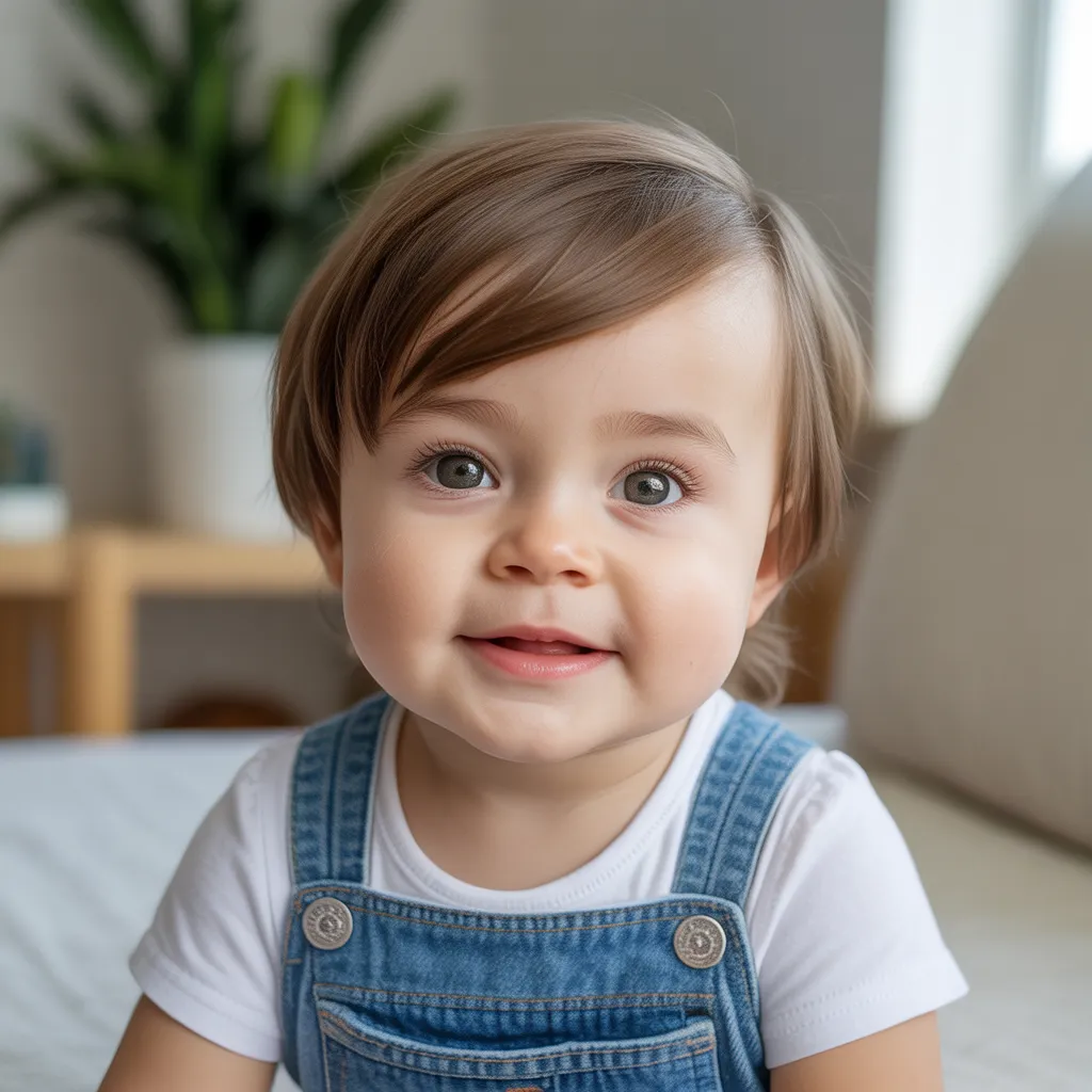 Adorable baby with side swept hairstyle and soft bangs.