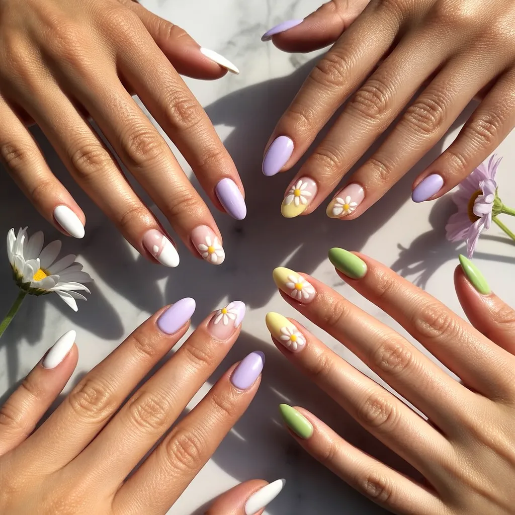 Collage of 2026's best spring nail trends featuring milky white, lavender, butter yellow, and matcha green nail designs on almond-shaped nails with spring flowers