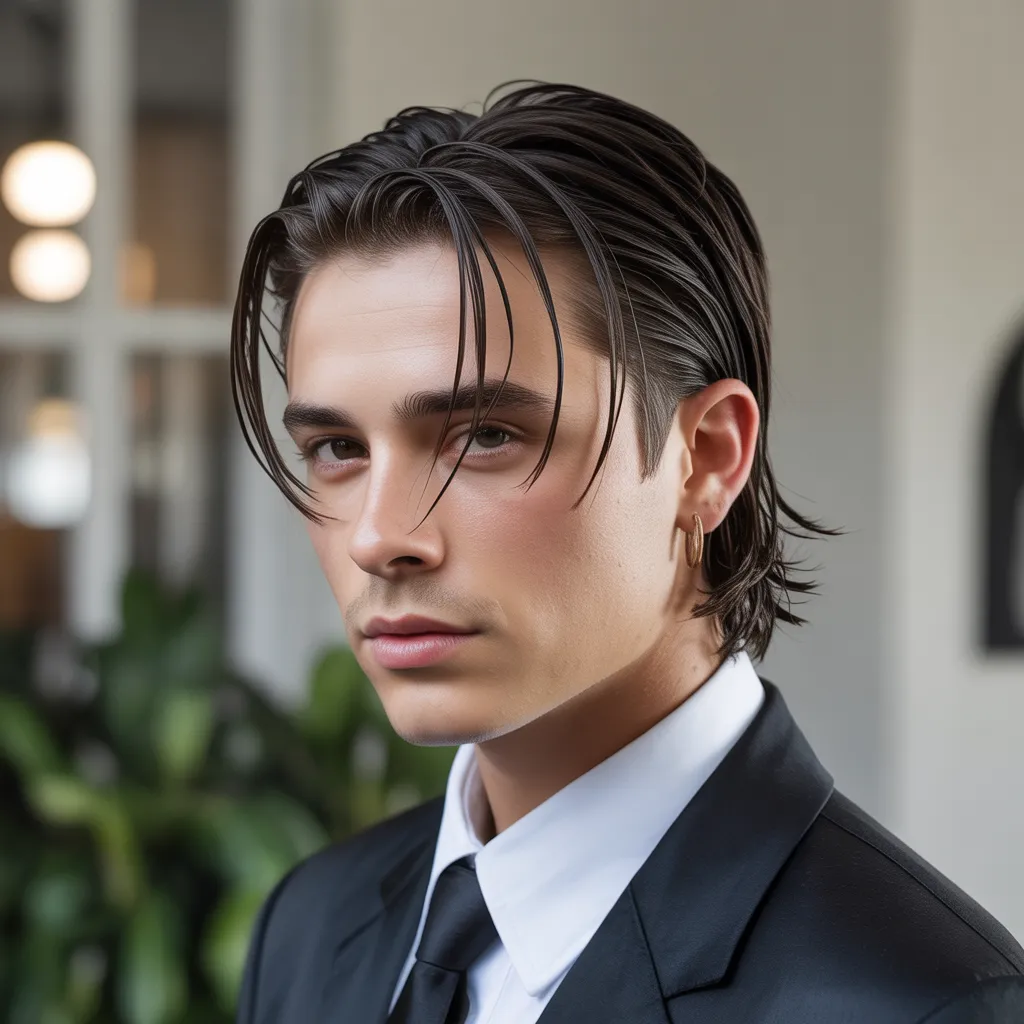 Brooklyn Beckham inspired Eboy curtain haircut with wet-look texture, medium length hair tucked behind ears, sophisticated 90s revival style