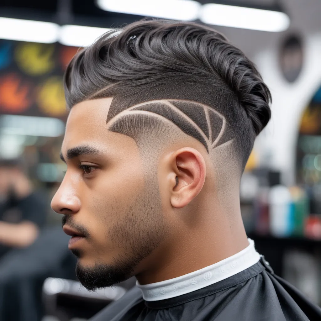 Mixed race man with burst fade Skytop haircut, curved fade lines around ears, vertical textured top, creative barbershop design