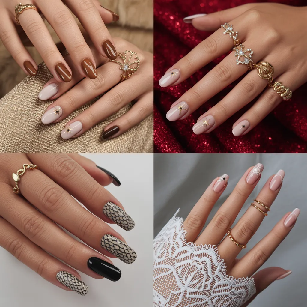Celebrity spring nail inspiration board featuring J.Lo, Madelyn Cline, Jenna Dewan, and Kerry Washington's trending manicures for 2026