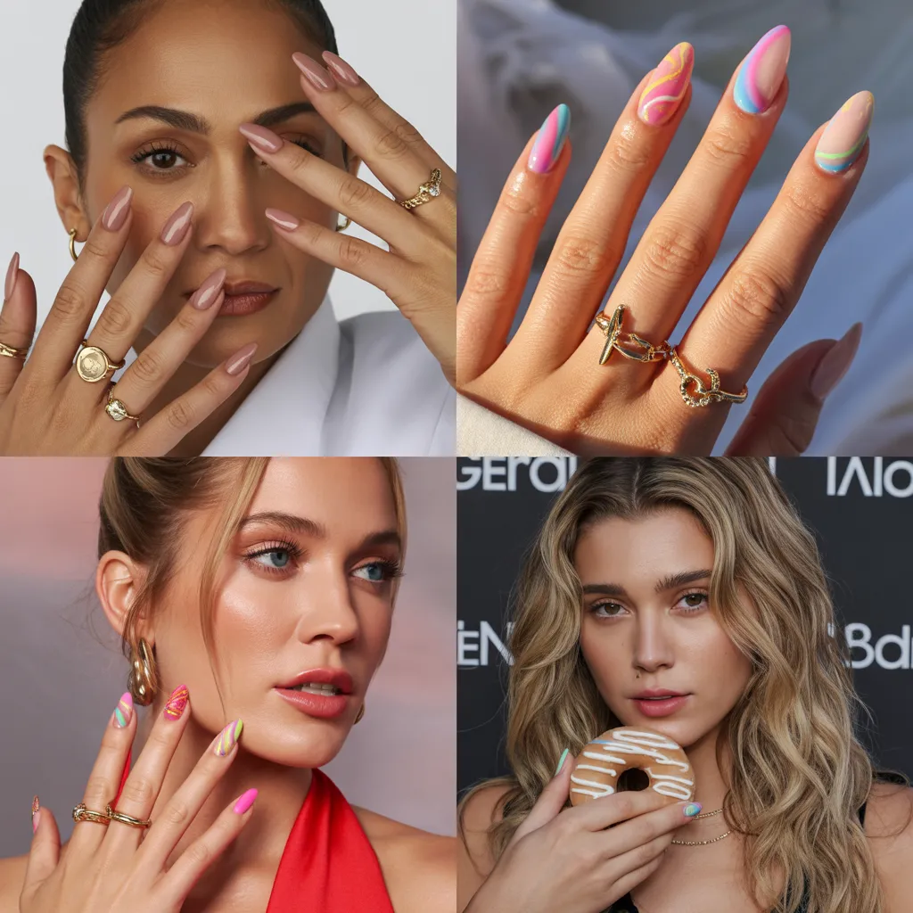 Summer Nails Inspo: 2026's Hottest Trends, Colors & Designs for Your Ultimate Sun-Kissed Manicure 11 Celebrity summer nails inspiration collage featuring J.Lo, Madelyn Cline, and Hailey Bieber's trending manicures