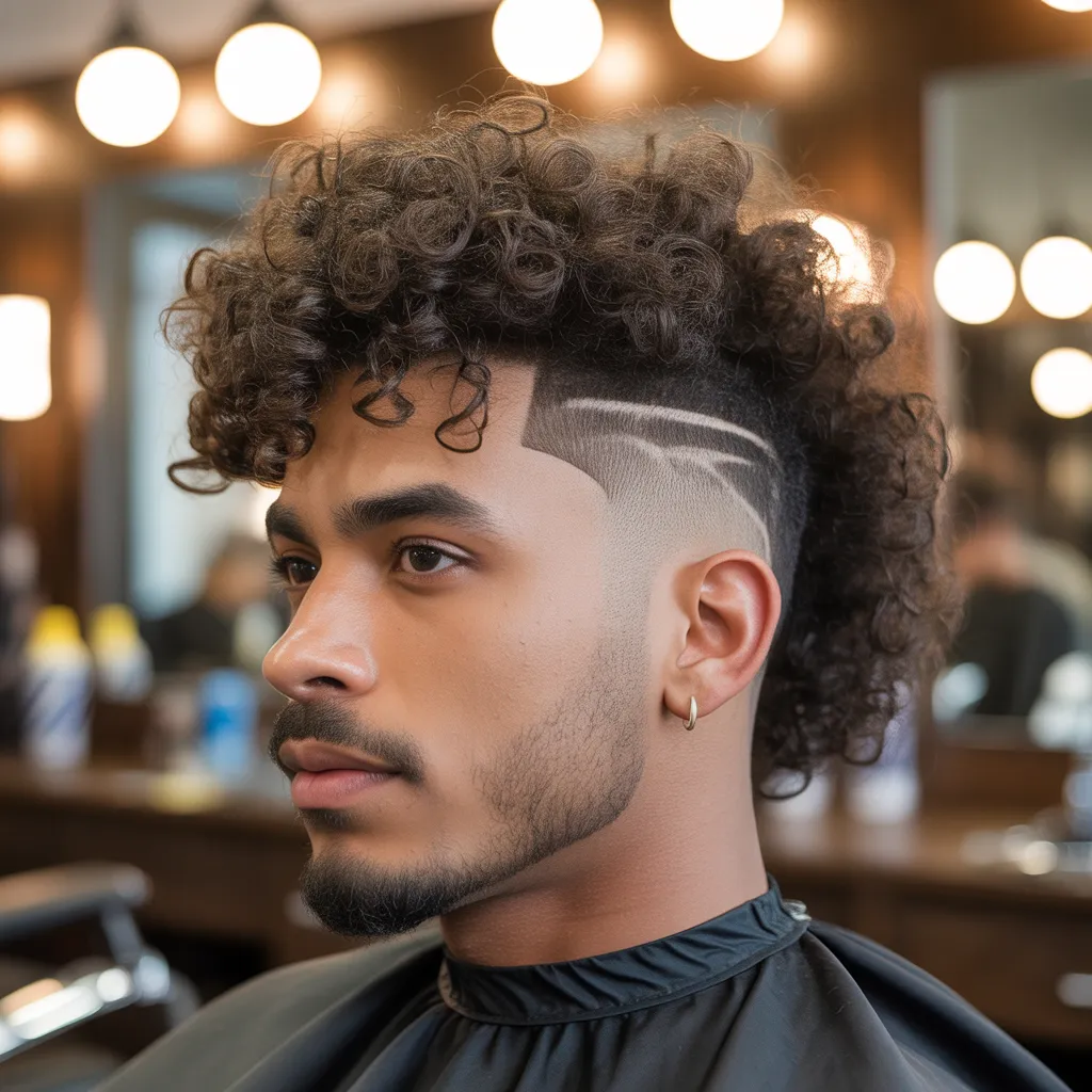Man with curly Skytop haircut showing natural 3C curl pattern, high skin fade sides, voluminous textured top standing tall