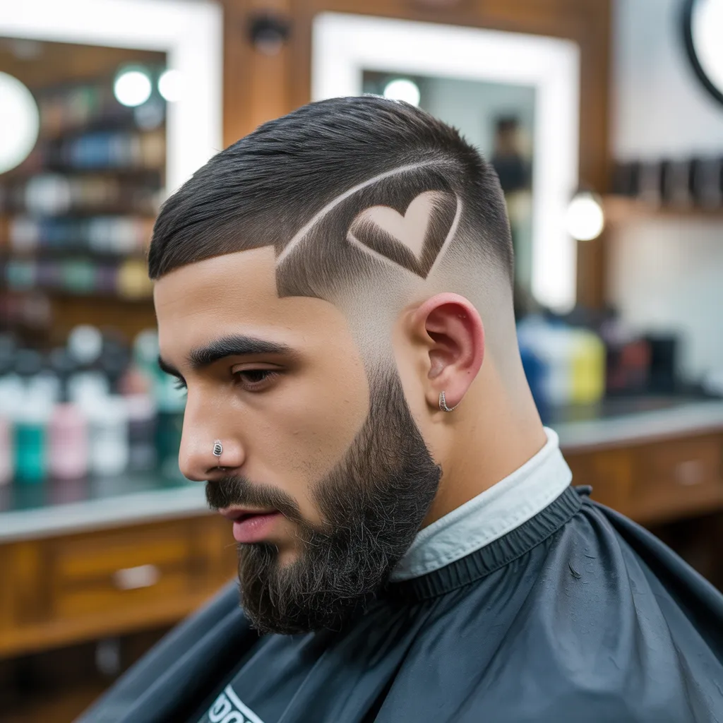 Drake heart haircut with clean fade and heart design on temple