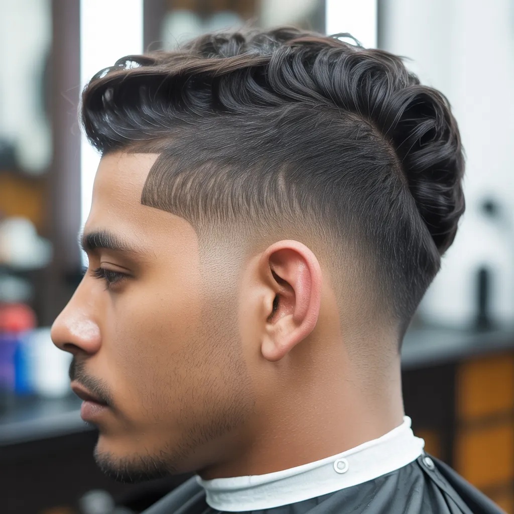Latino male model showing drop fade Skytop with curved fade behind ears, customized silhouette, vertical wavy top