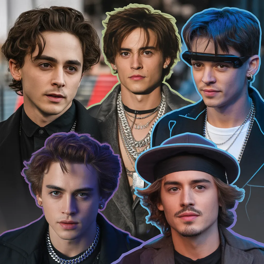 Celebrity inspiration collage for Eboy haircut featuring Timothée Chalamet, Jungkook BTS, Noah Beck, and young Johnny Depp iconic styles