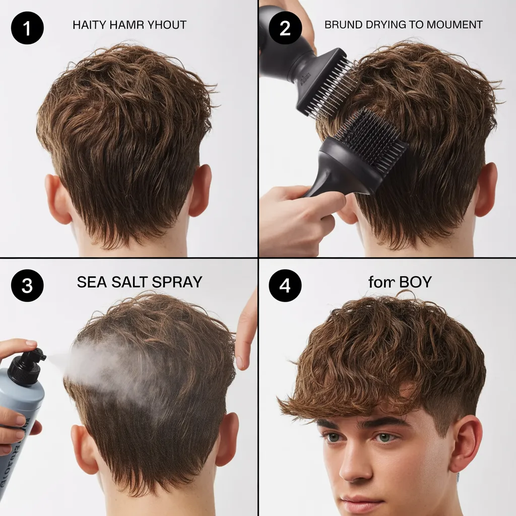 Step-by-step Eboy haircut styling routine collage showing wet hair, blow-drying technique, product application, and final styled result