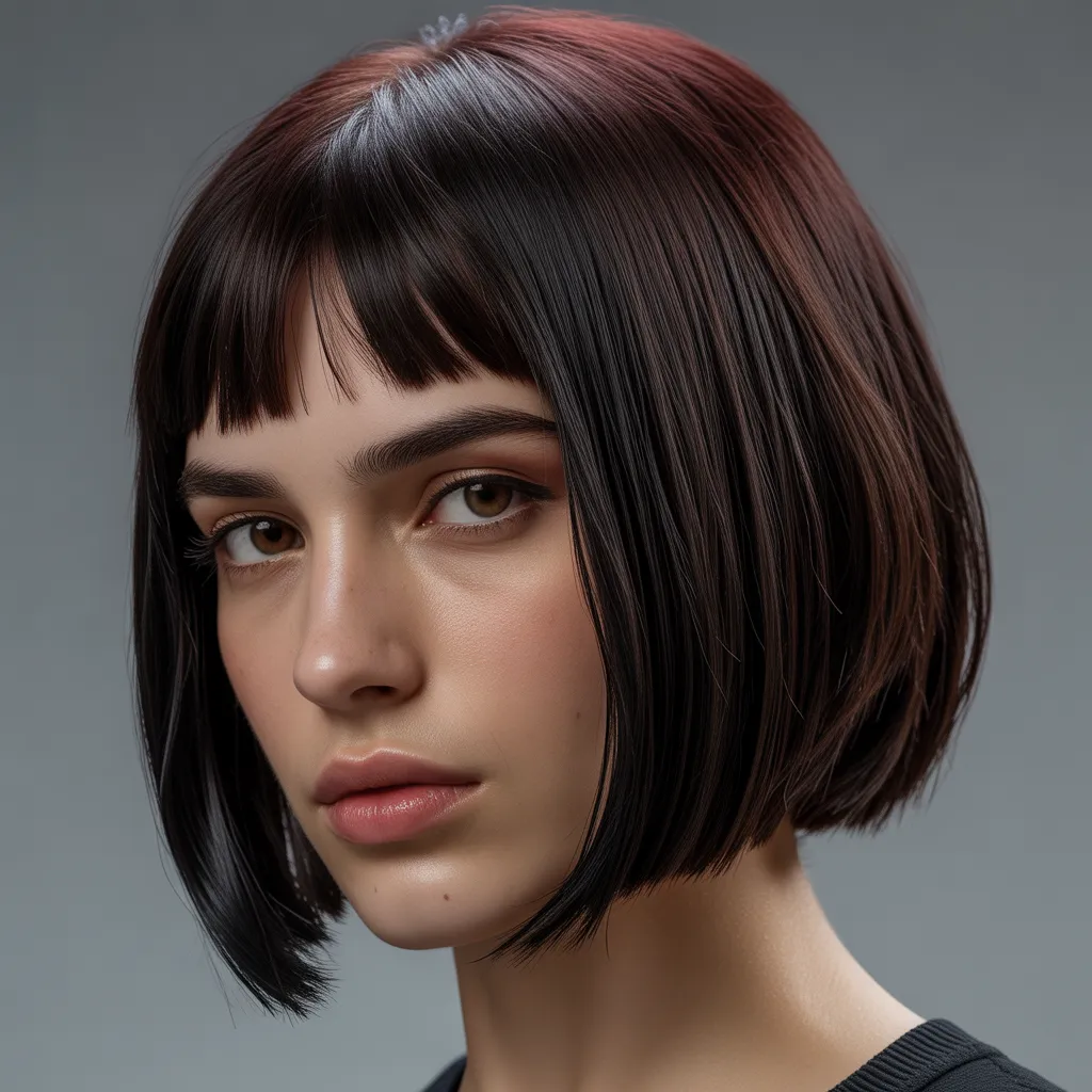 Sleek emo bob haircut with razor-sharp slanted bangs and chin-length black hair