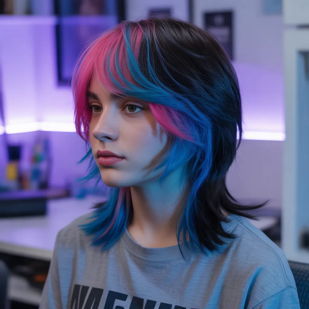 Emo haircut with jet black hair featuring electric blue and neon pink streaks