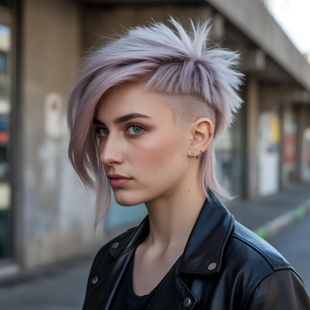 Modern emo mullet with spiked back section and platinum blonde coloring