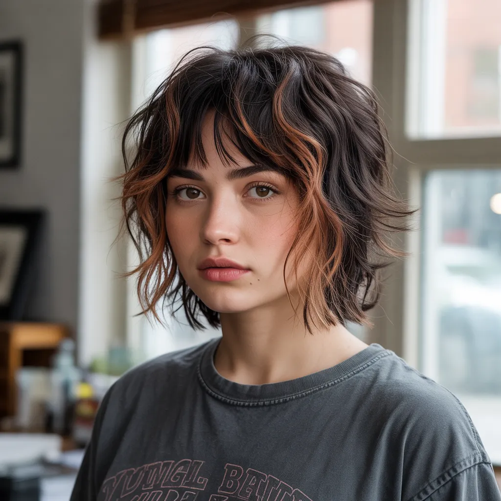 Textured emo shag haircut with curtain bangs and copper highlights