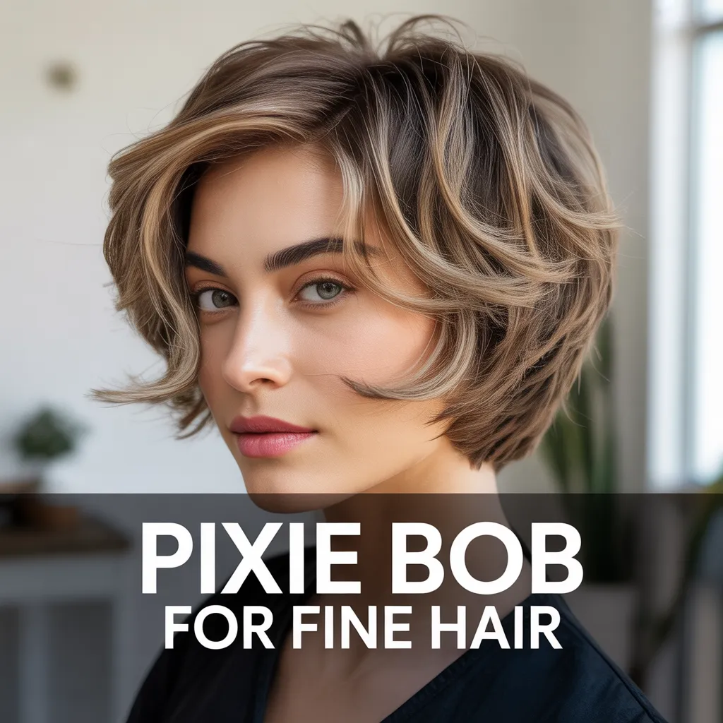 Fine hair pixie bob haircut with soft layers creating volume and texture for women in 2026.