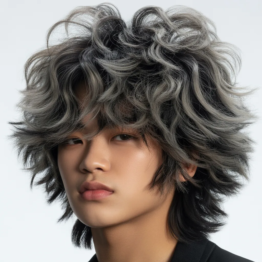 Bold fluffy Eboy haircut with maximum volume and cloud-like texture, Lilhuddy inspired style, playful youthful energy, statement hair look